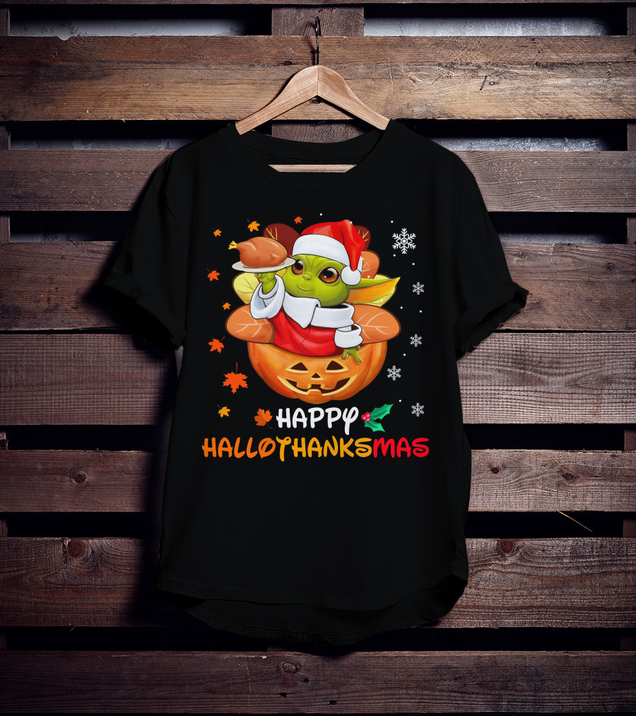 Happy Hallothanksmas Baby Yoda Santa Pumpkin Turkey T-Shirt