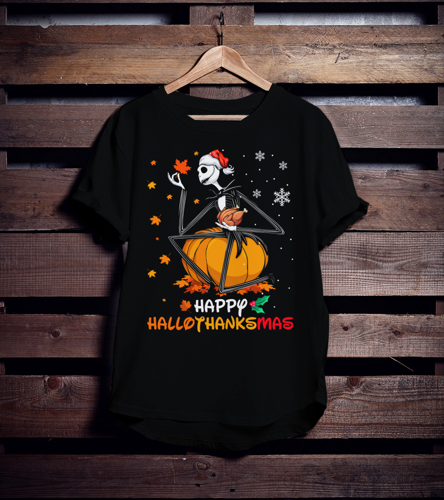 Happy Hallothanksmas Jack Skellington Pumpkin Santa Hat T-Shirt