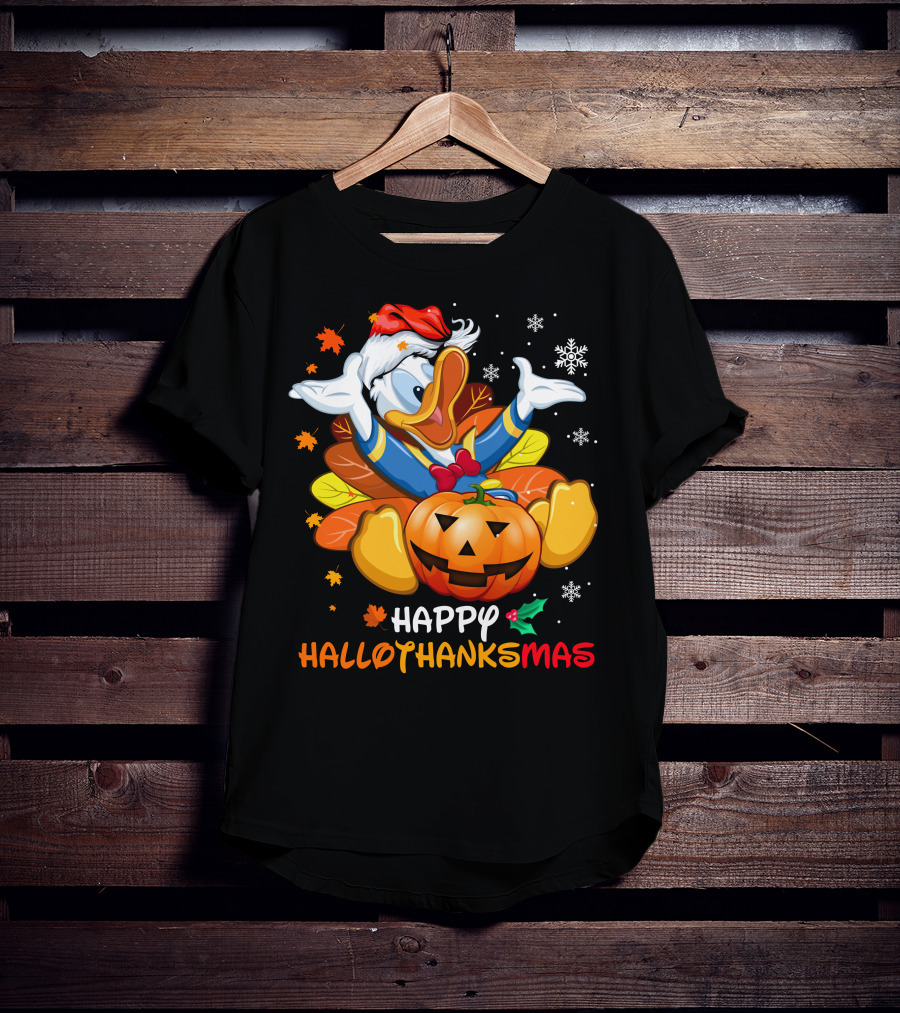 Happy Hallowthanksmas Donald Duck Pumpkin Leaves Snowflakes Santa Hat T-Shirt