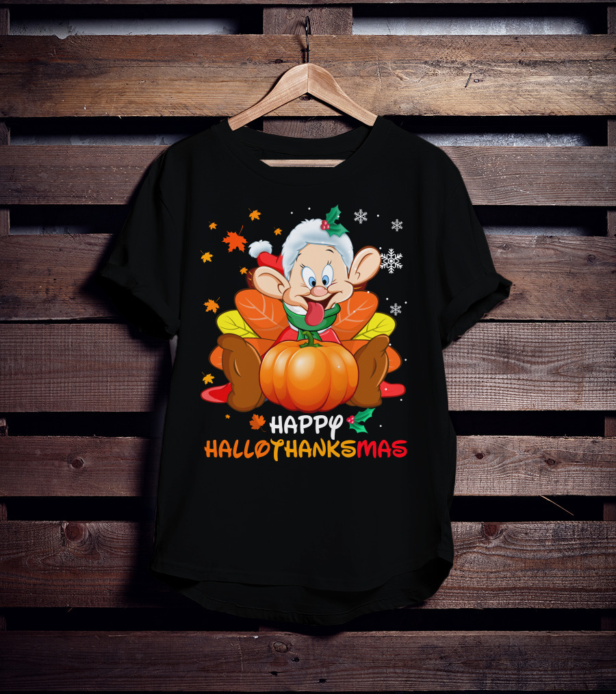 Happy Hallothanksmas Dopey Pumpkin Leaves Snowflakes T-Shirt