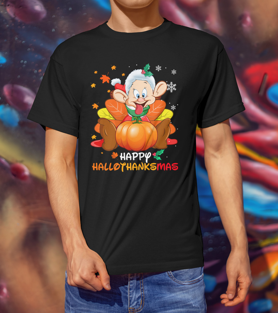Happy Hallothanksmas Dopey Pumpkin Leaves Snowflakes T-Shirt