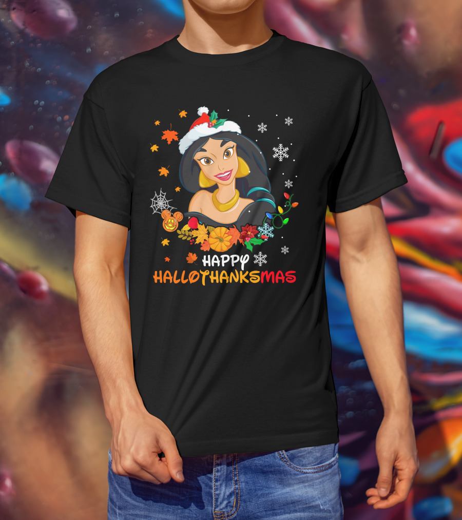 Happy Hallothanksmas Jasmine Fall Leaves Pumpkins Snowflakes T-Shirt