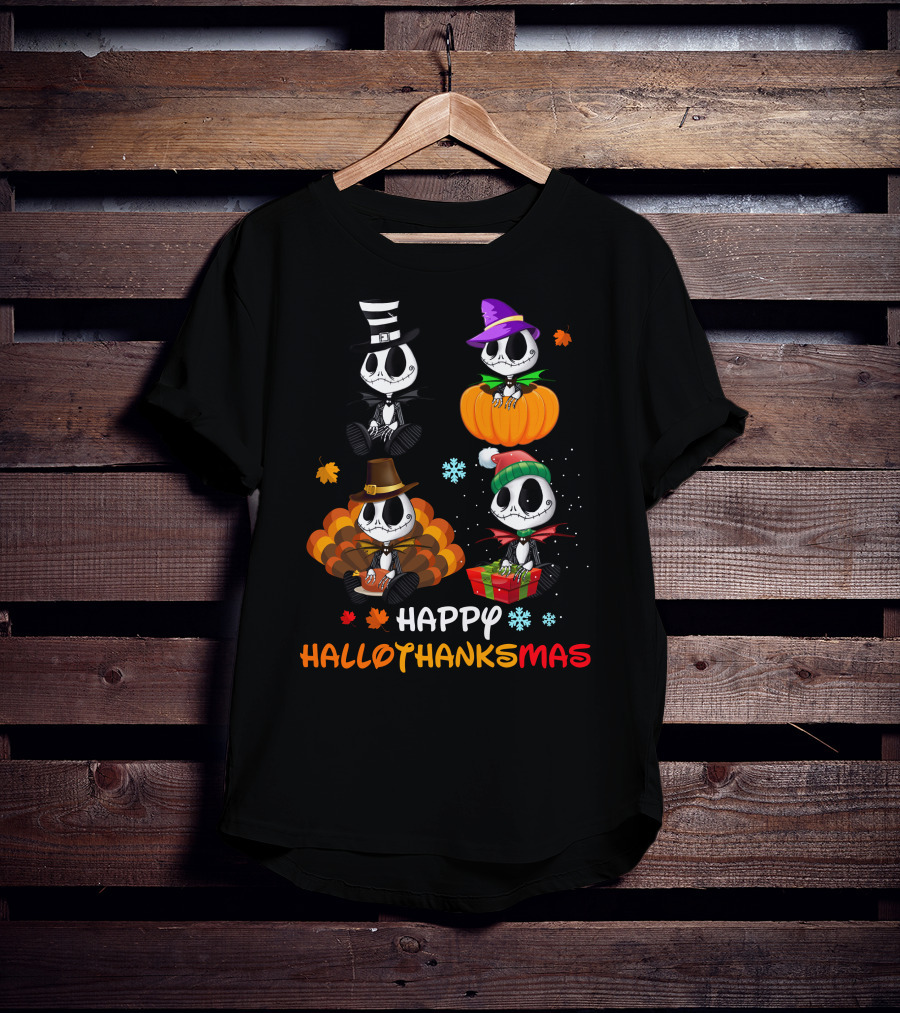 Happy Hallothanksmas Jack Skellington Halloween Thanksgiving Christmas T-Shirt