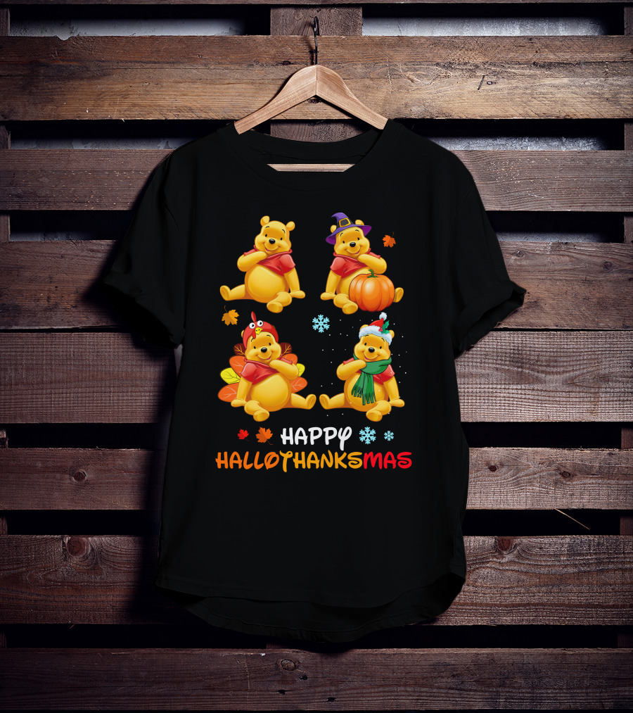 Happy Hall0Thanksmas Pooh Halloween Thanksgiving Christmas Winnie The Pooh Holiday Celebration T-Shirt