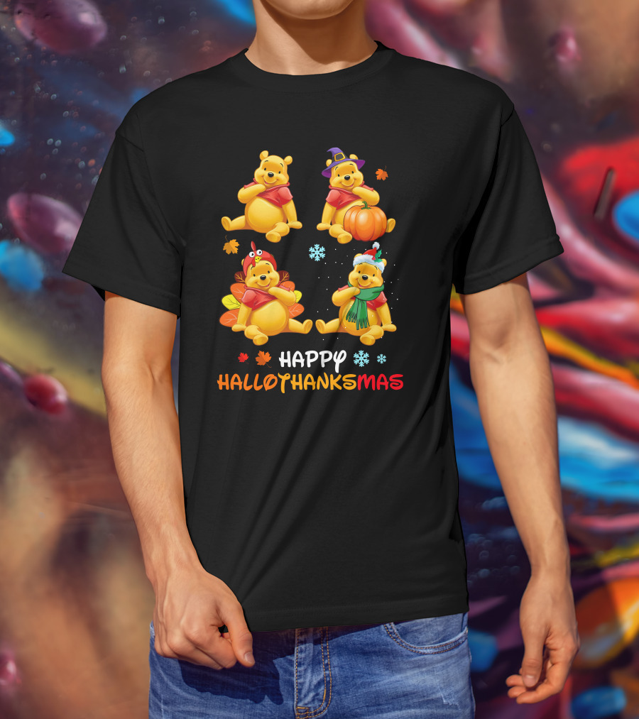 Happy Hall0Thanksmas Pooh Halloween Thanksgiving Christmas Winnie The Pooh Holiday Celebration T-Shirt