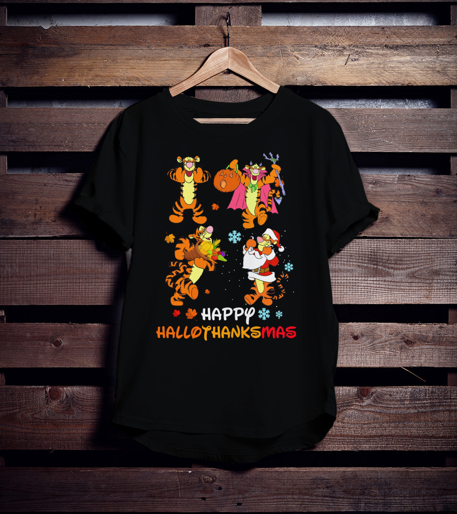 Happy Hallowthanksmas Tigger Pumpkin Basket Santa Snowflakes T-Shirt