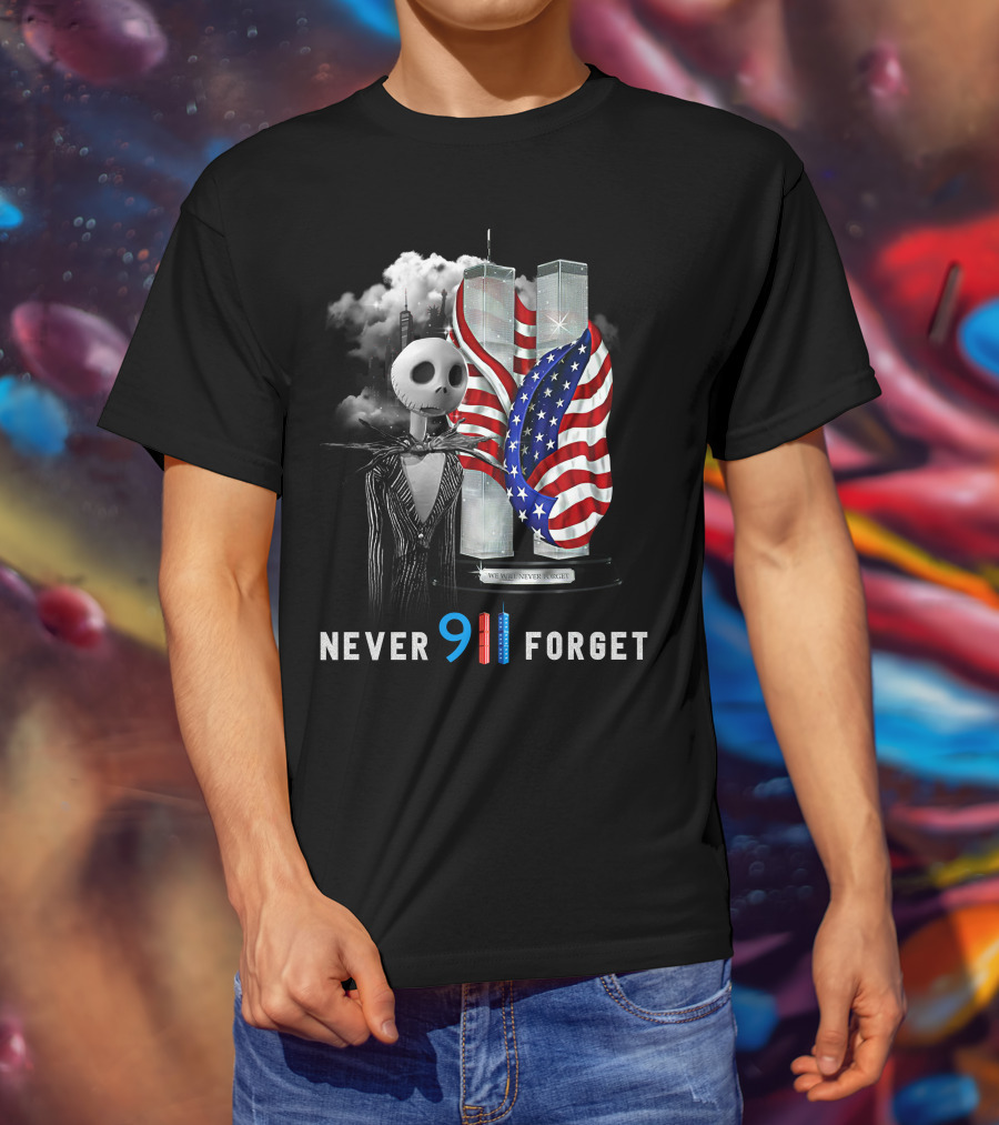 Jack Skellington 9/11 Never Forget Twin Towers American Flag T-Shirt