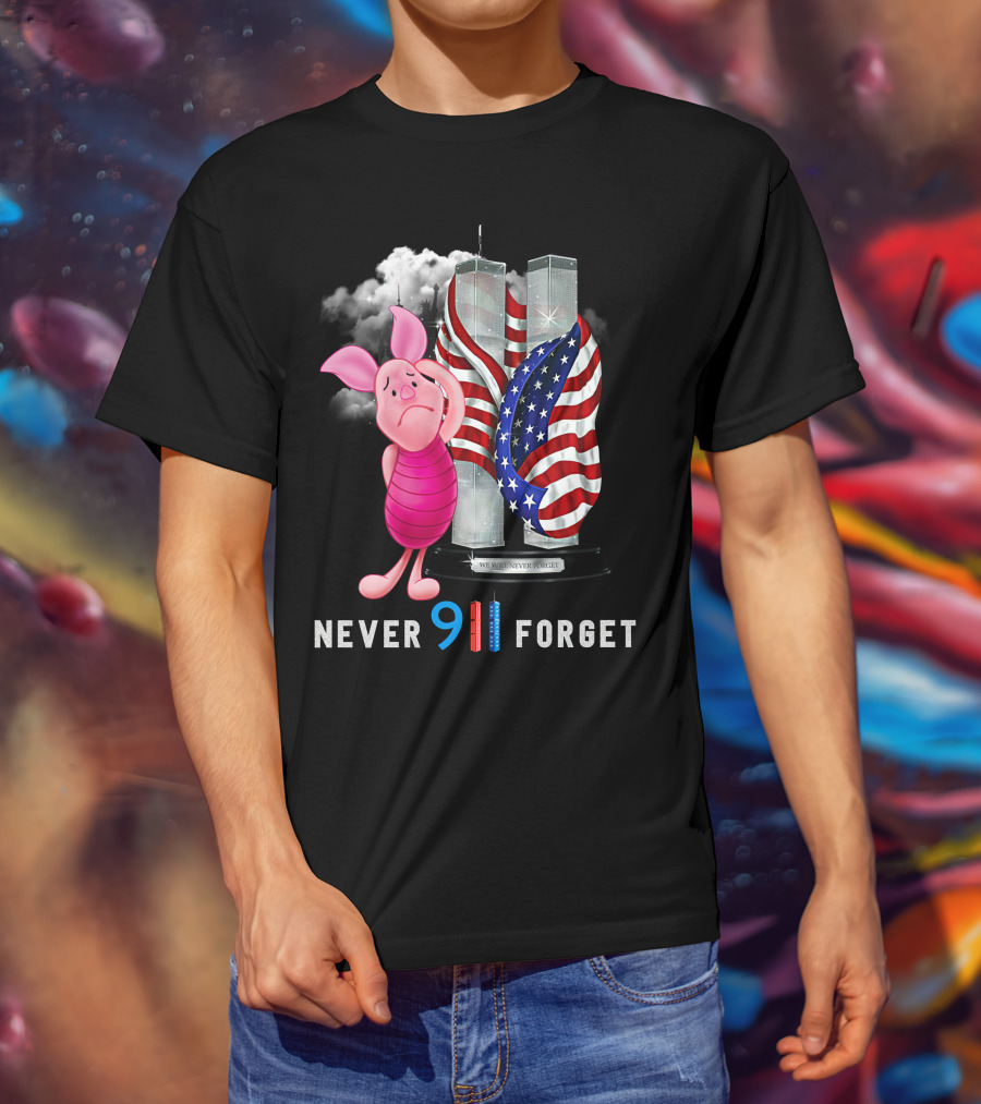 Piglet 9/11 Never Forget Twin Towers American Flag Memorial T-Shirt