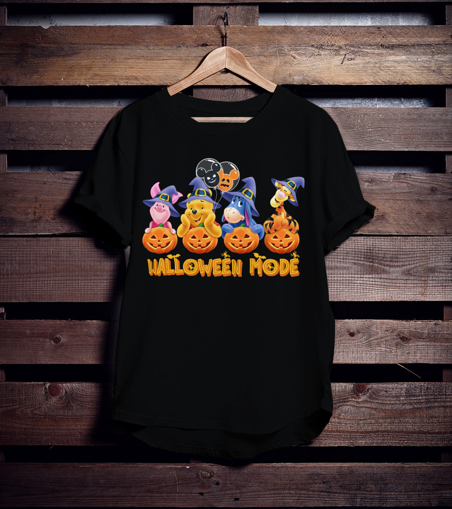 Halloween Mode Winnie The Pooh Characters With Pumpkins And Balloons T-Shirt