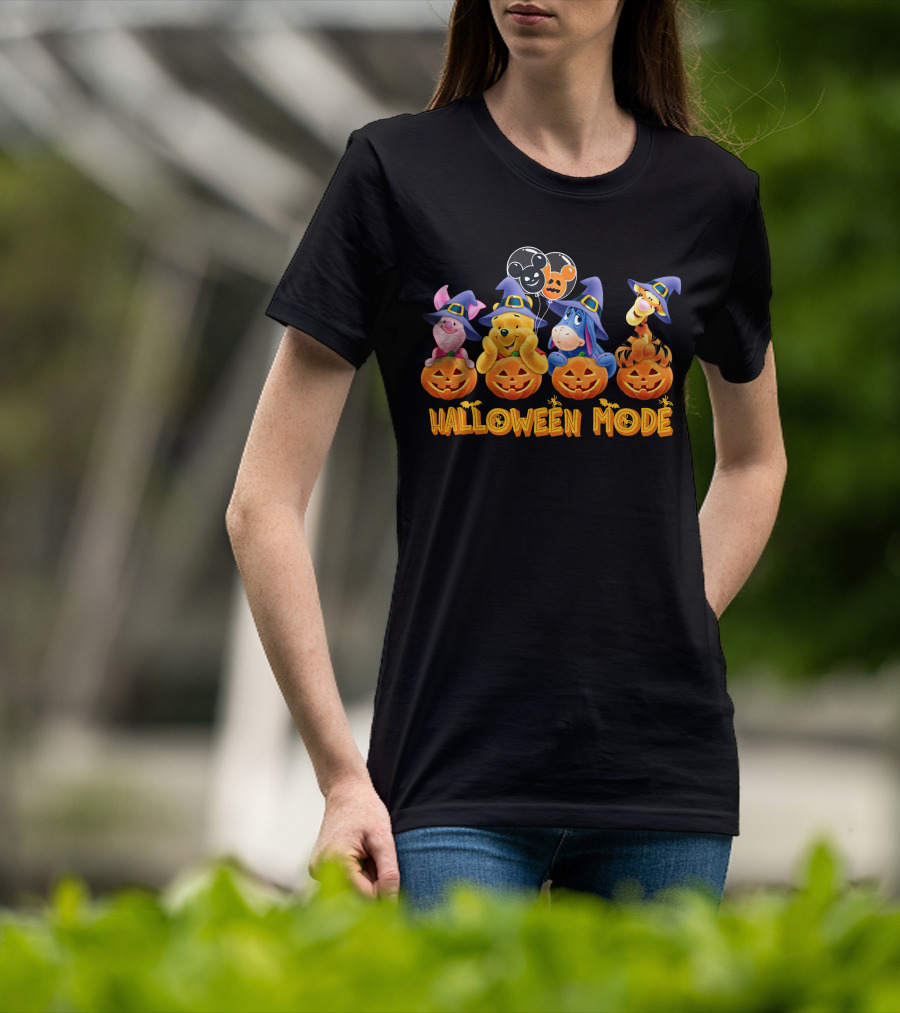 Halloween Mode Winnie The Pooh Characters With Pumpkins And Balloons T-Shirt
