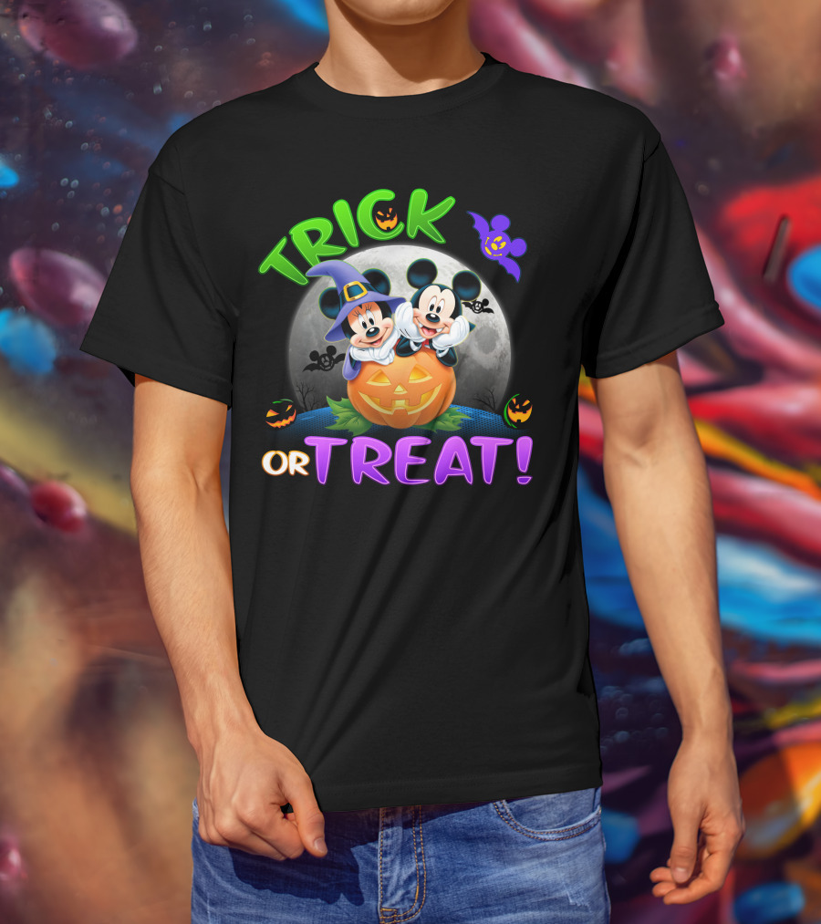 Trick Or Treat Mickey And Minnie Halloween Pumpkin Moon Bat T-Shirt