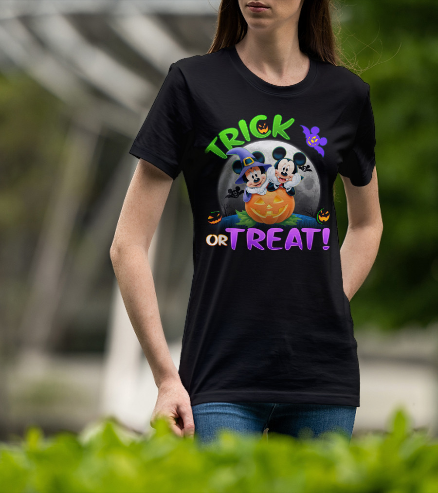 Trick Or Treat Mickey And Minnie Halloween Pumpkin Moon Bat T-Shirt