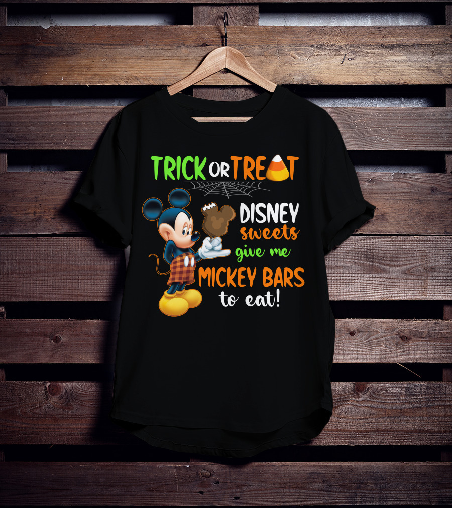 Trick Or Treat Disney Sweets Give Me Mickey Bars To Eat Candy Corn And Spiderweb With Mickey Mouse Eating Chocolate Ice Cream T-Shirt
