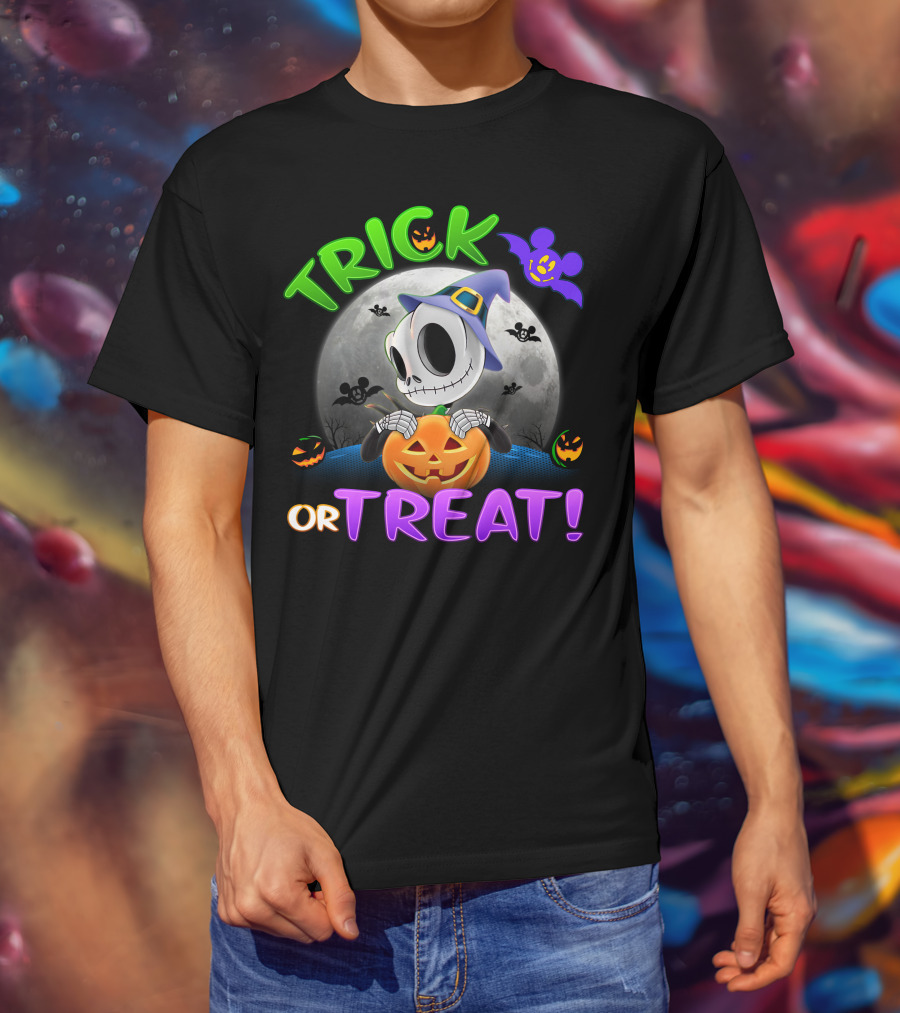 Trick Or Treat Jack Skellington Halloween Moon Bat Pumpkin T-Shirt
