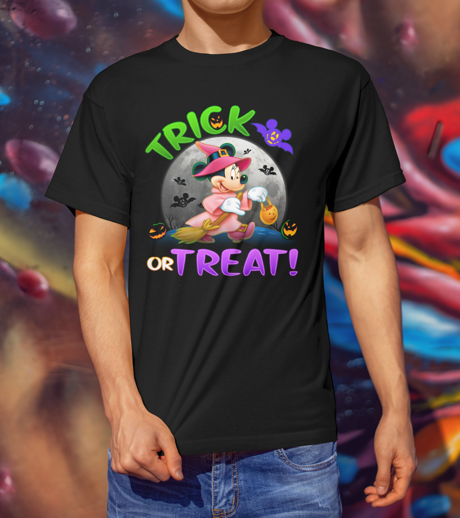 Trick Or Treat Minnie Halloween Witch Costume Broom Moon Bats Pumpkins T-Shirt