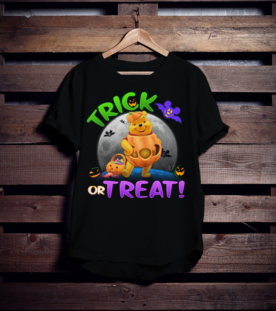 Trick Or Treat Pooh Halloween Moon Bats And Pumpkins T-Shirt