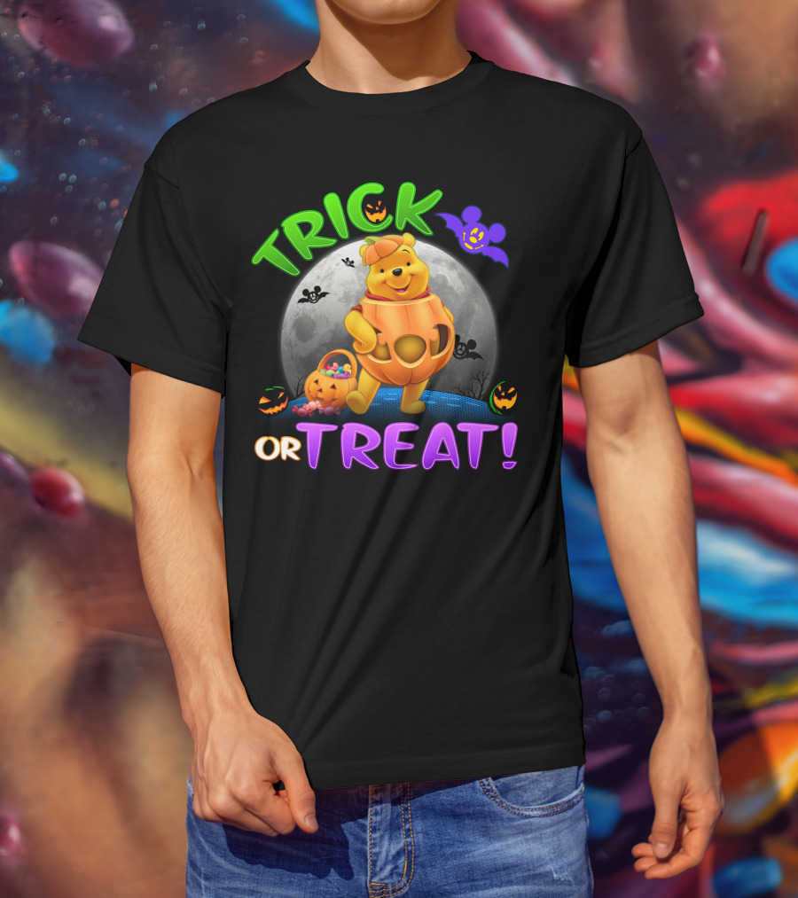 Trick Or Treat Pooh Halloween Moon Bats And Pumpkins T-Shirt