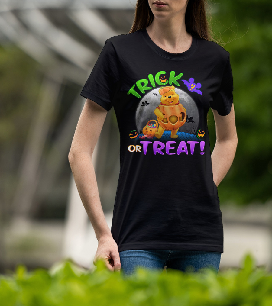 Trick Or Treat Pooh Halloween Moon Bats And Pumpkins T-Shirt
