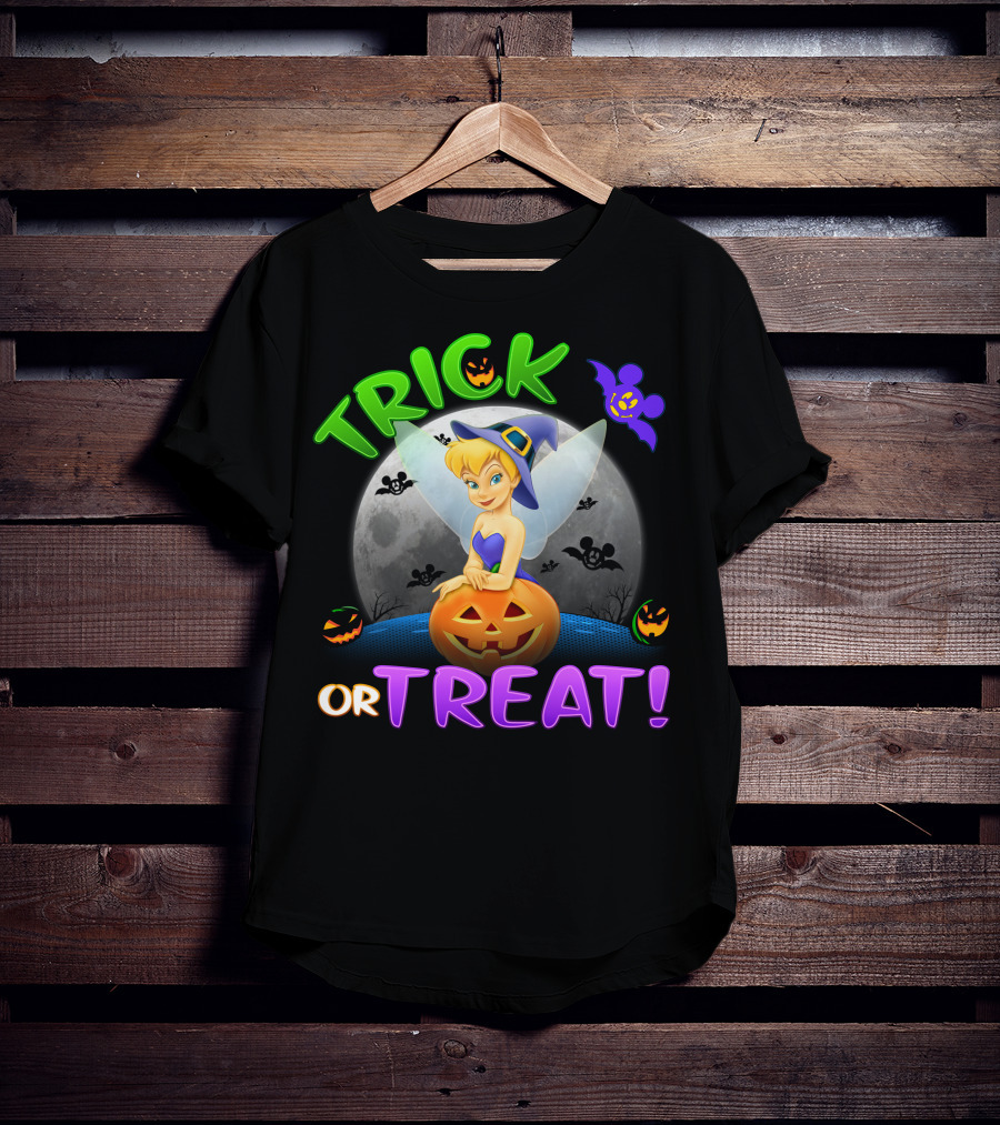 Trick Or Treat Tinker Bell Halloween Jack-O'-Lantern Moon Bat Mickey Ears T-Shirt
