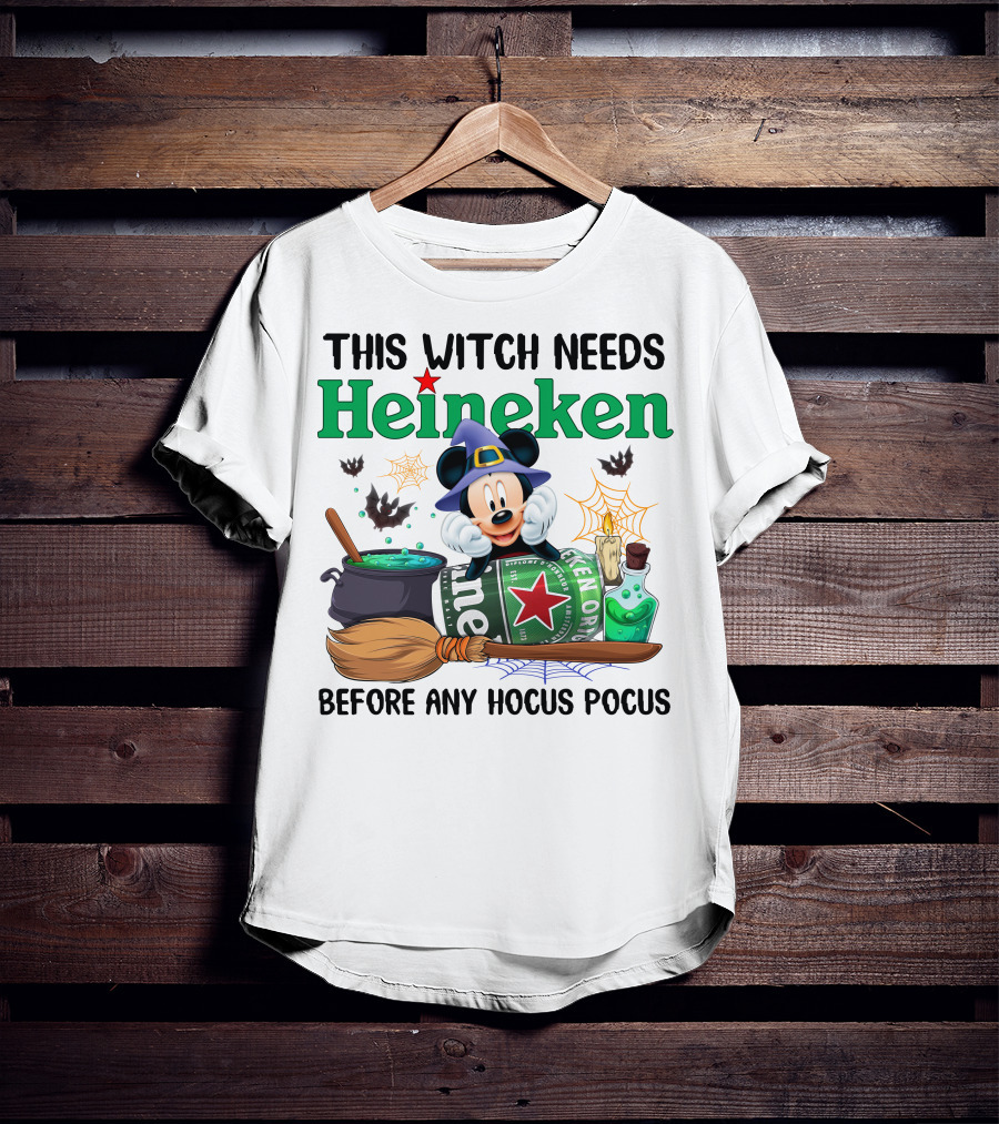This Witch Needs Heineken With Cartoon Mouse In Wizard Hat Before Any Hocus Pocus T-Shirt