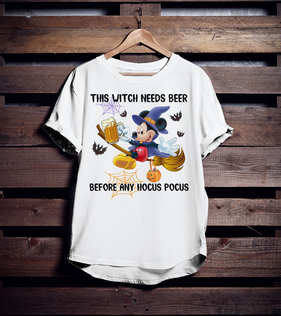 This Witch Needs Beer Before Any Hocus Pocus Halloween Character On Broom With Pumpkin And Beer Mug T-Shirt