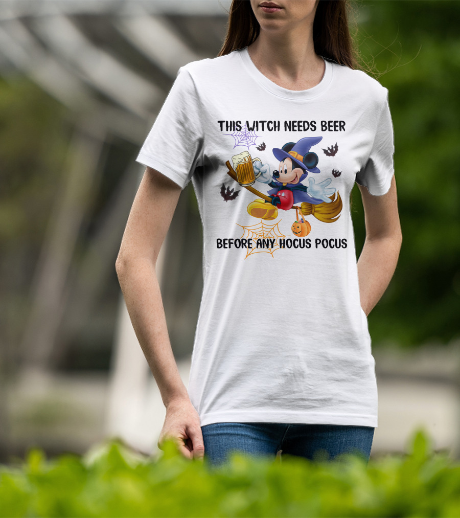 This Witch Needs Beer Before Any Hocus Pocus Halloween Character On Broom With Pumpkin And Beer Mug T-Shirt