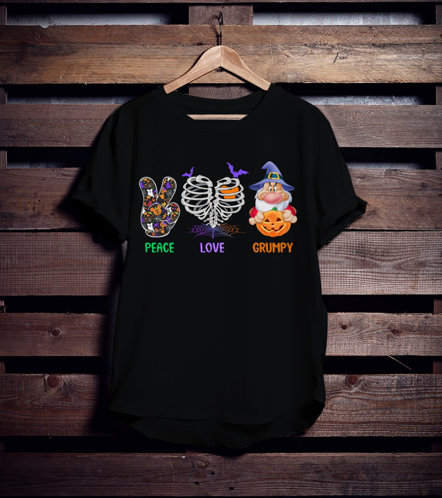 Peace Love Grumpy Halloween Skeleton Gnome With Pumpkin And Bat Hat T-Shirt