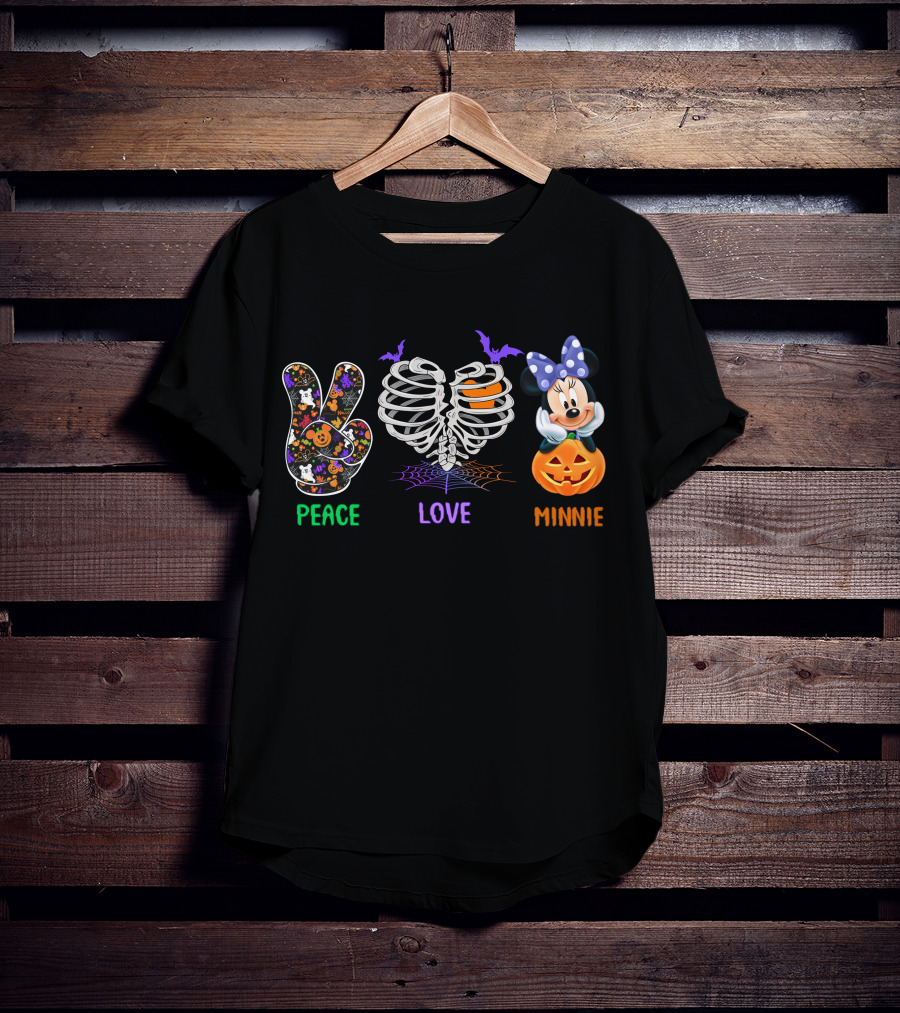 Peace Love Minnie Halloween Skeleton Pumpkin T-Shirt
