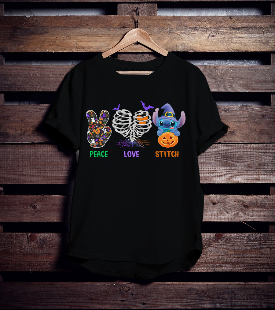 Peace Love Stitch Halloween Pumpkin Skeleton Bat T-Shirt