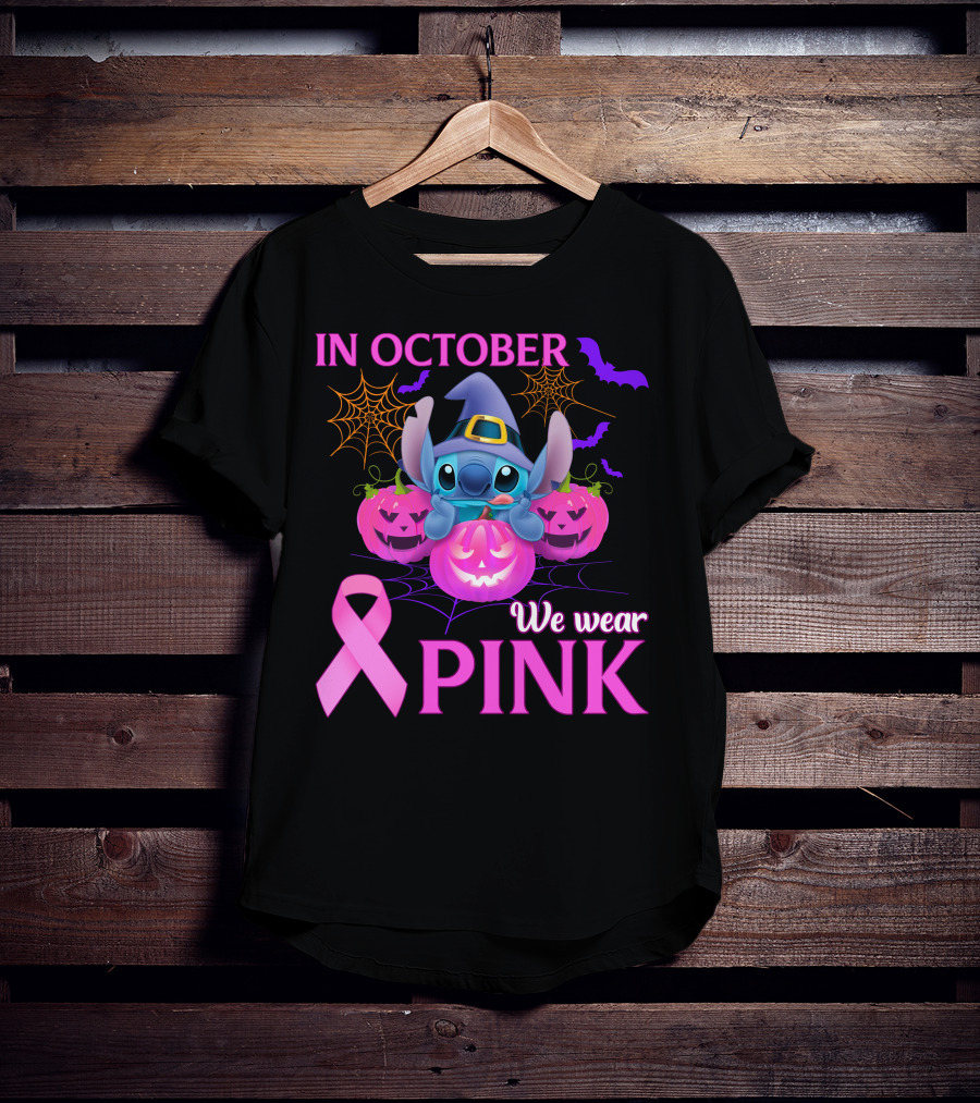 In October We Wear Pink Stitch Halloween Breast Cancer Awareness T-Shirt