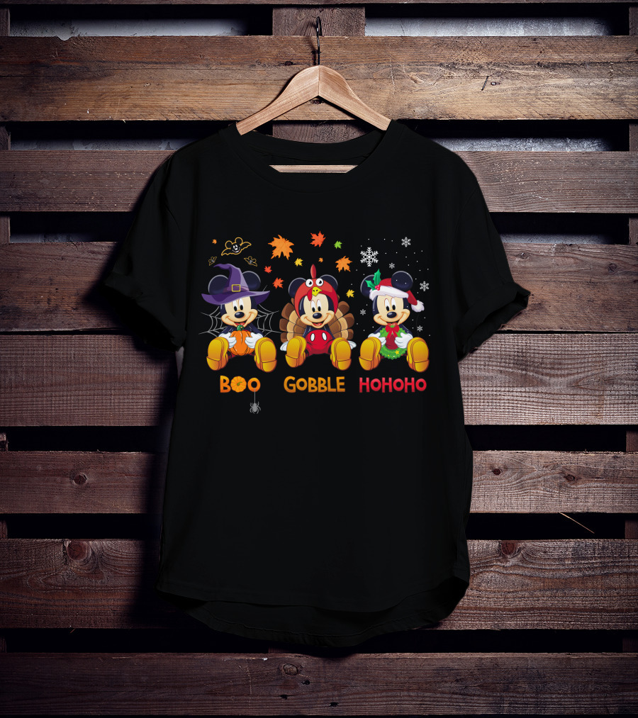 Boo Gobble Hohoho Mickey Mouse Halloween Thanksgiving Christmas Theme T-Shirt