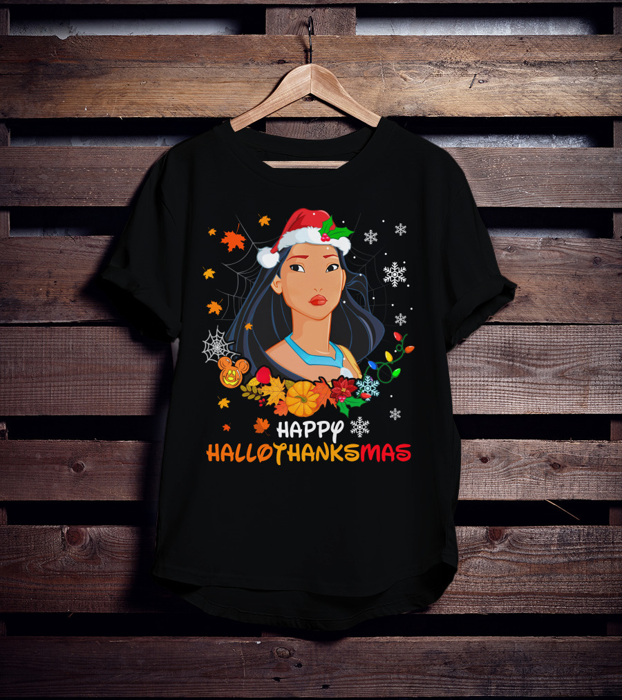 Happy Hallowthanksmas Pocahontas Santa Hat Thanksgiving Christmas Halloween T-Shirt