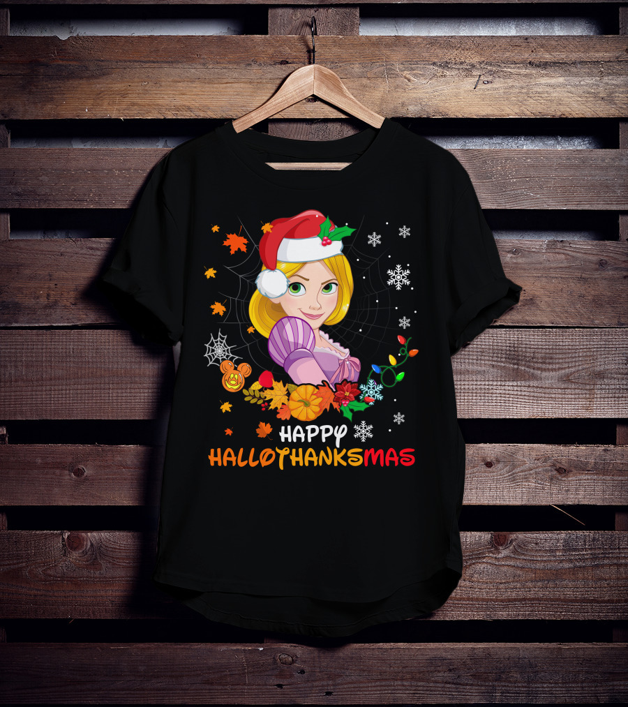 Happy Hallothanksmas Rapunzel Holiday Cheer With Festive Santa Hat And Seasonal Elements T-Shirt