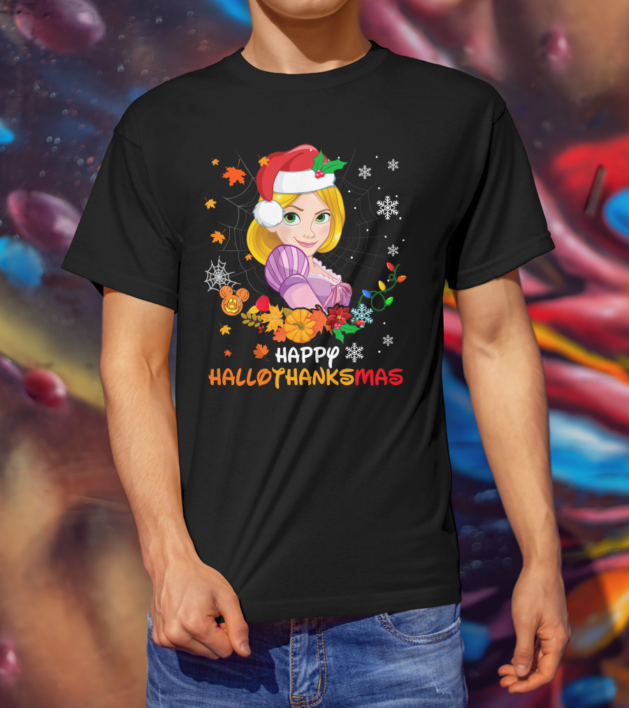 Happy Hallothanksmas Rapunzel Holiday Cheer With Festive Santa Hat And Seasonal Elements T-Shirt
