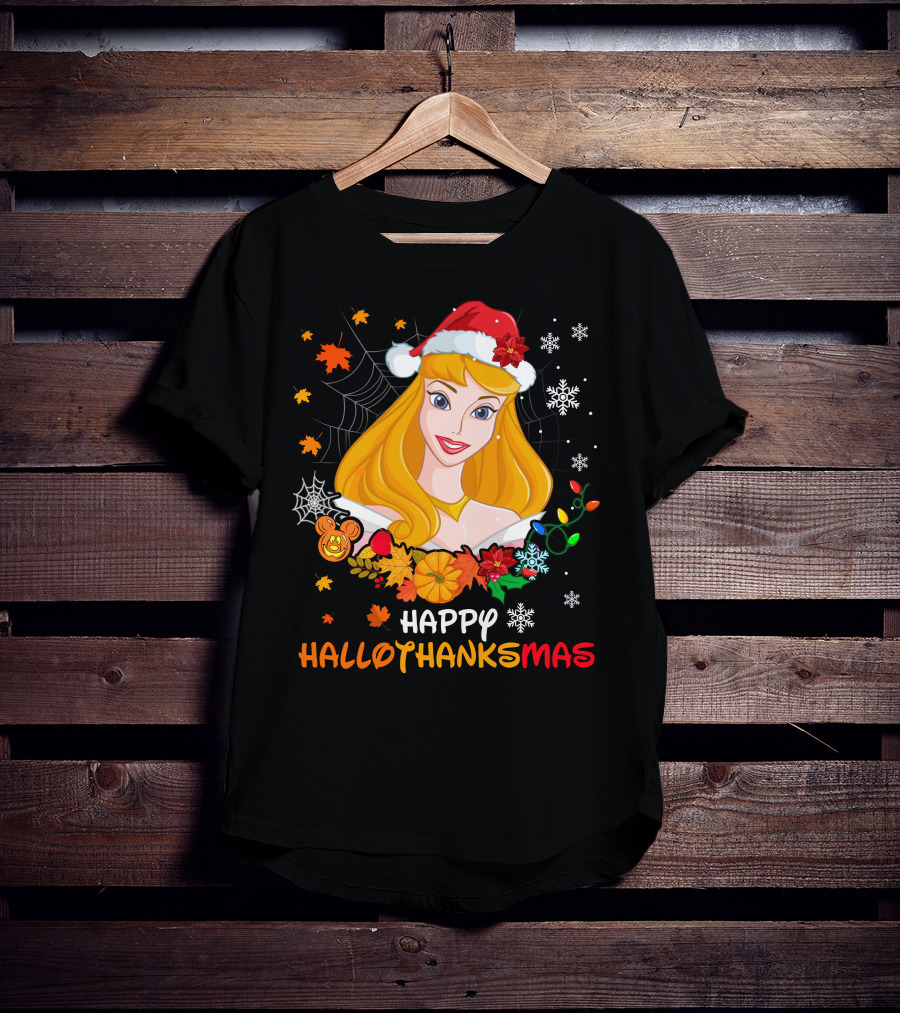 Happy Hallothanksmas Aurora Santa Hat Snowflakes Leaves T-Shirt