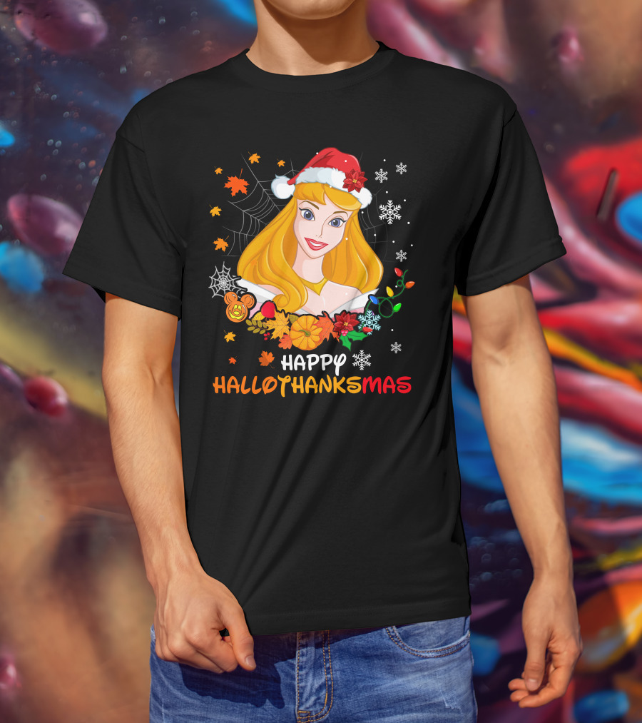 Happy Hallothanksmas Aurora Santa Hat Snowflakes Leaves T-Shirt