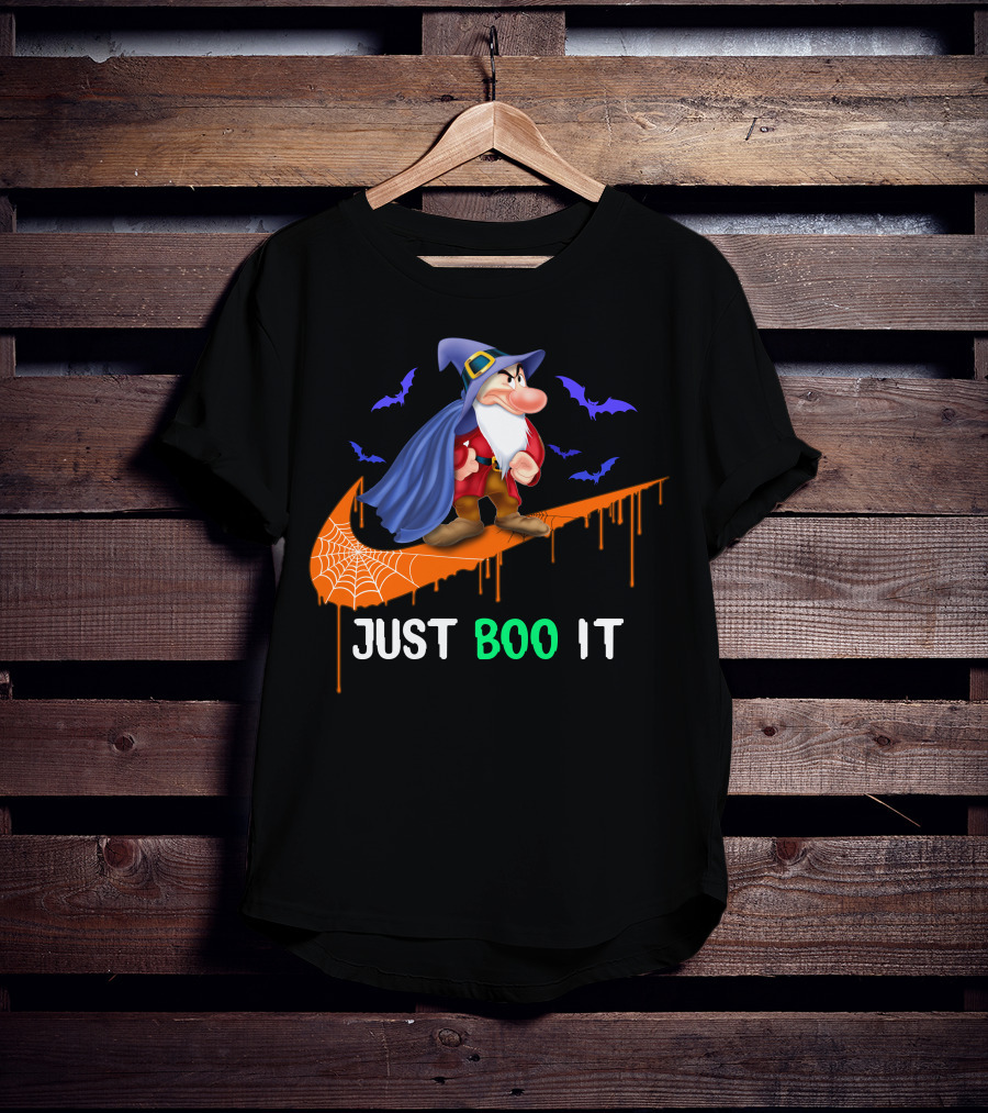 Just Boo It Witch Hat Grumpy With Purple Bats And Orange Swoosh T-Shirt