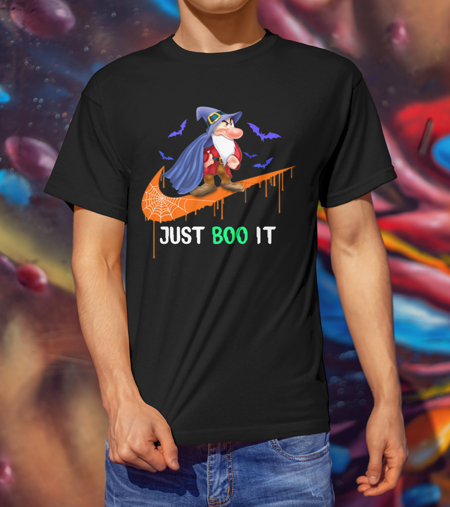 Just Boo It Witch Hat Grumpy With Purple Bats And Orange Swoosh T-Shirt
