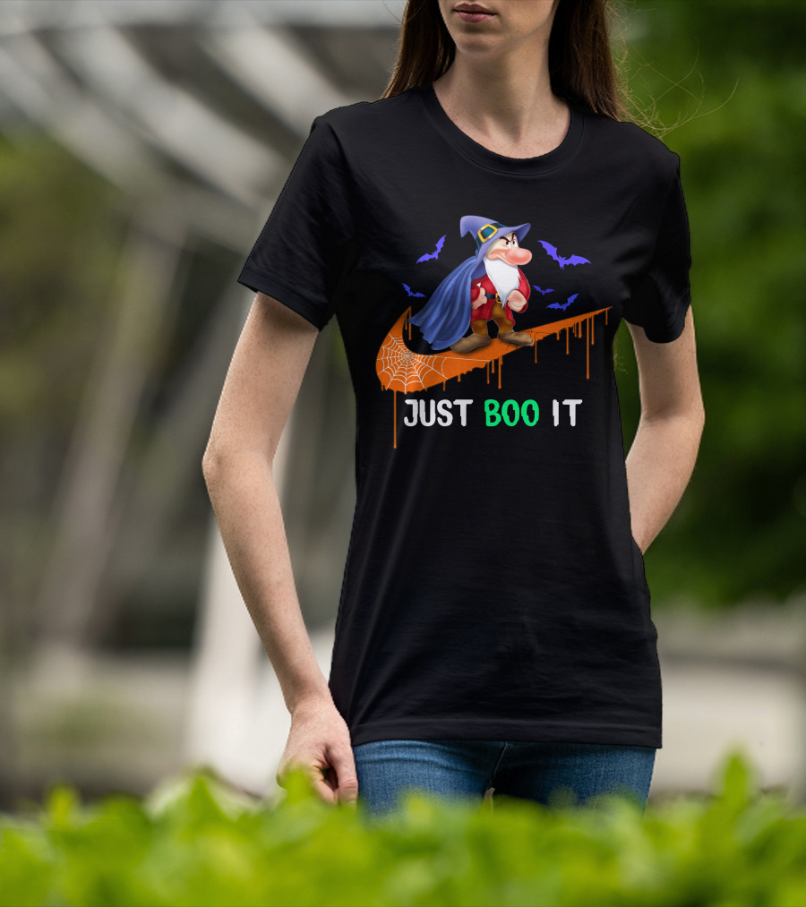 Just Boo It Witch Hat Grumpy With Purple Bats And Orange Swoosh T-Shirt