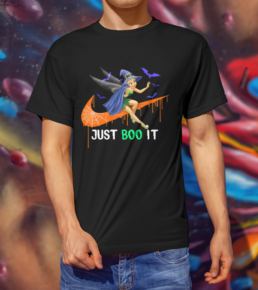Just Boo It Tinker Bell Witch Halloween Bats Spiderweb T-Shirt