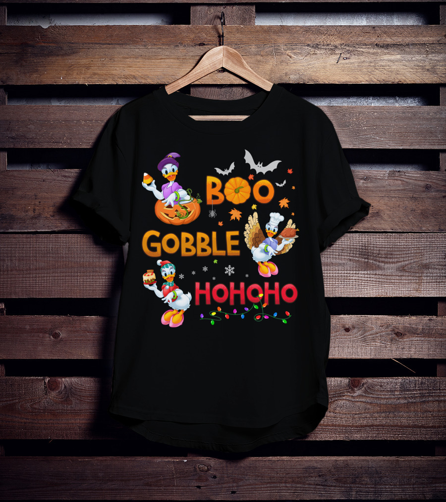 Boo Gobble Hohoho Daisy Duck Halloween Thanksgiving Christmas T-Shirt