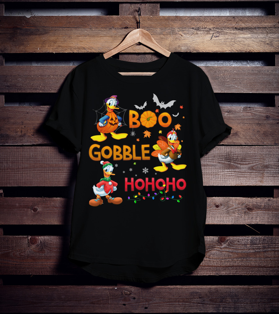 Boo Gobble Hohoho Donald Duck Halloween Thanksgiving Christmas T-Shirt