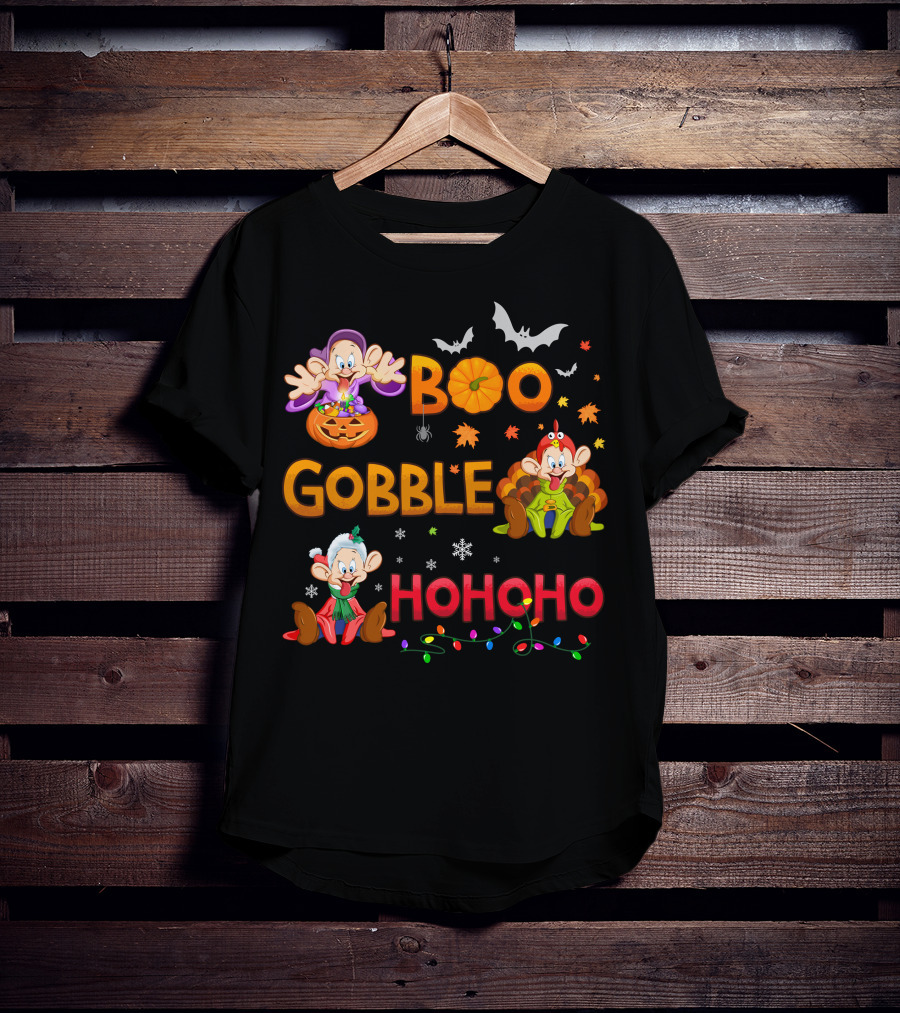 Boo Gobble Hohoho Dopey Halloween Thanksgiving Christmas T-Shirt