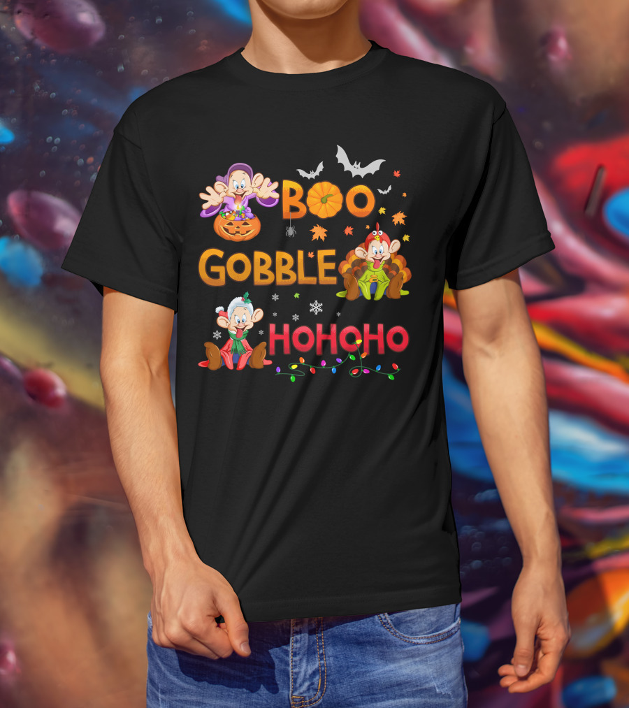 Boo Gobble Hohoho Dopey Halloween Thanksgiving Christmas T-Shirt