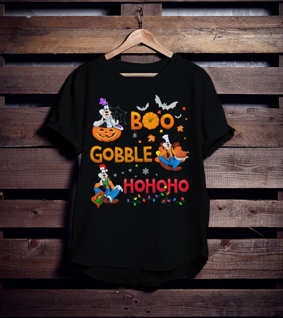 Boo Gobble Ho Ho Ho Goofy Halloween Thanksgiving Christmas T-Shirt