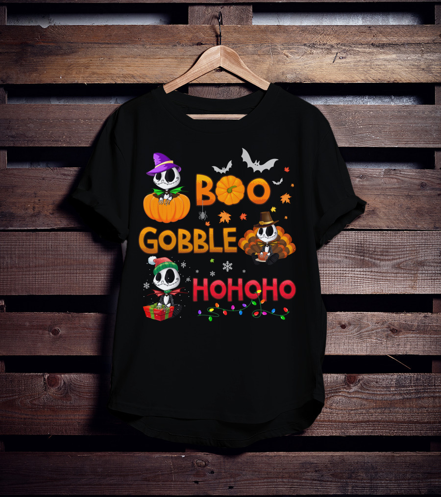 Boo Gobble Hohoho Jack Skellington Halloween Thanksgiving Christmas T-Shirt