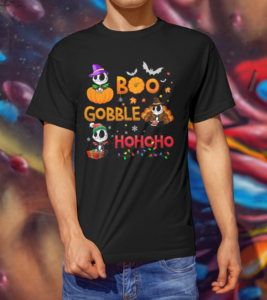 Boo Gobble Hohoho Jack Skellington Halloween Thanksgiving Christmas T-Shirt