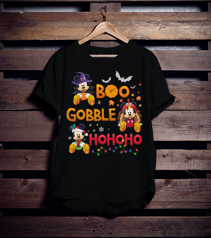 Boo Gobble Hohoho Mickey Mouse Halloween Thanksgiving Christmas T-Shirt