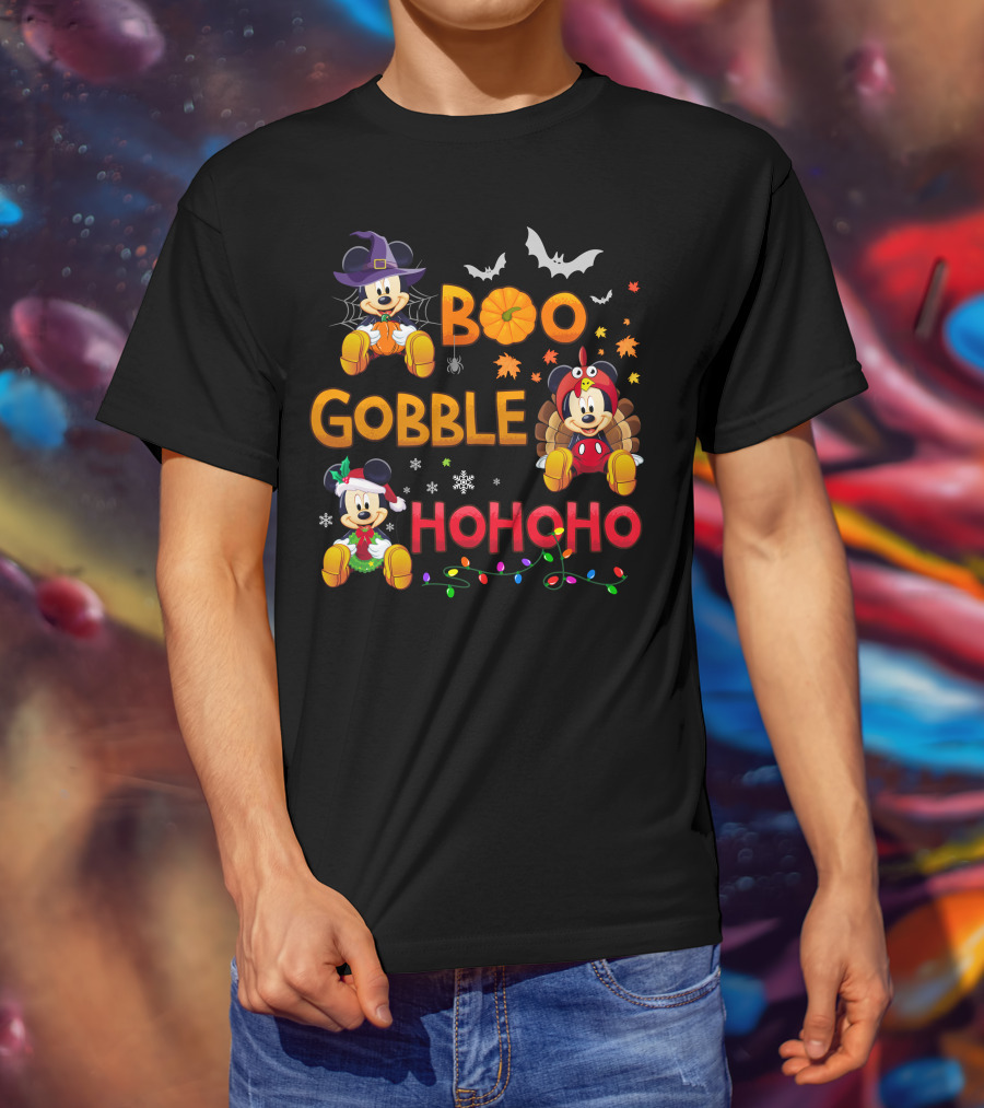 Boo Gobble Hohoho Mickey Mouse Halloween Thanksgiving Christmas T-Shirt