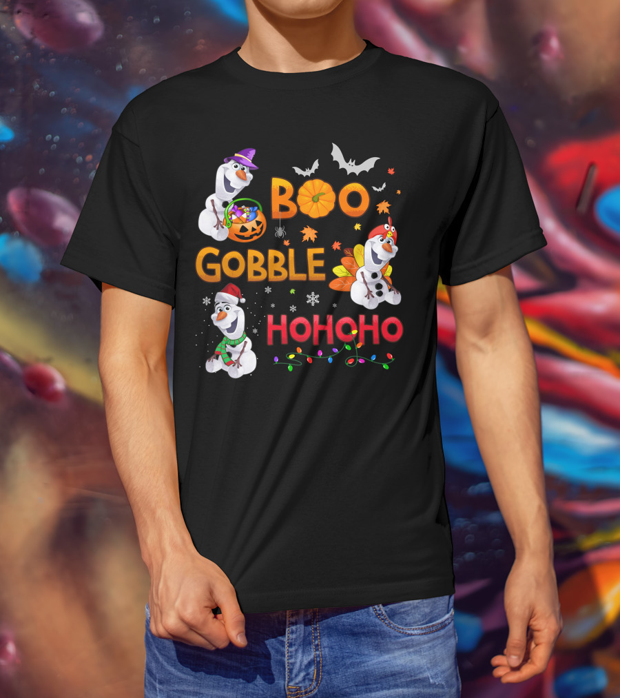 Boo Gobble Hohoho Olaf Halloween Thanksgiving Christmas T-Shirt